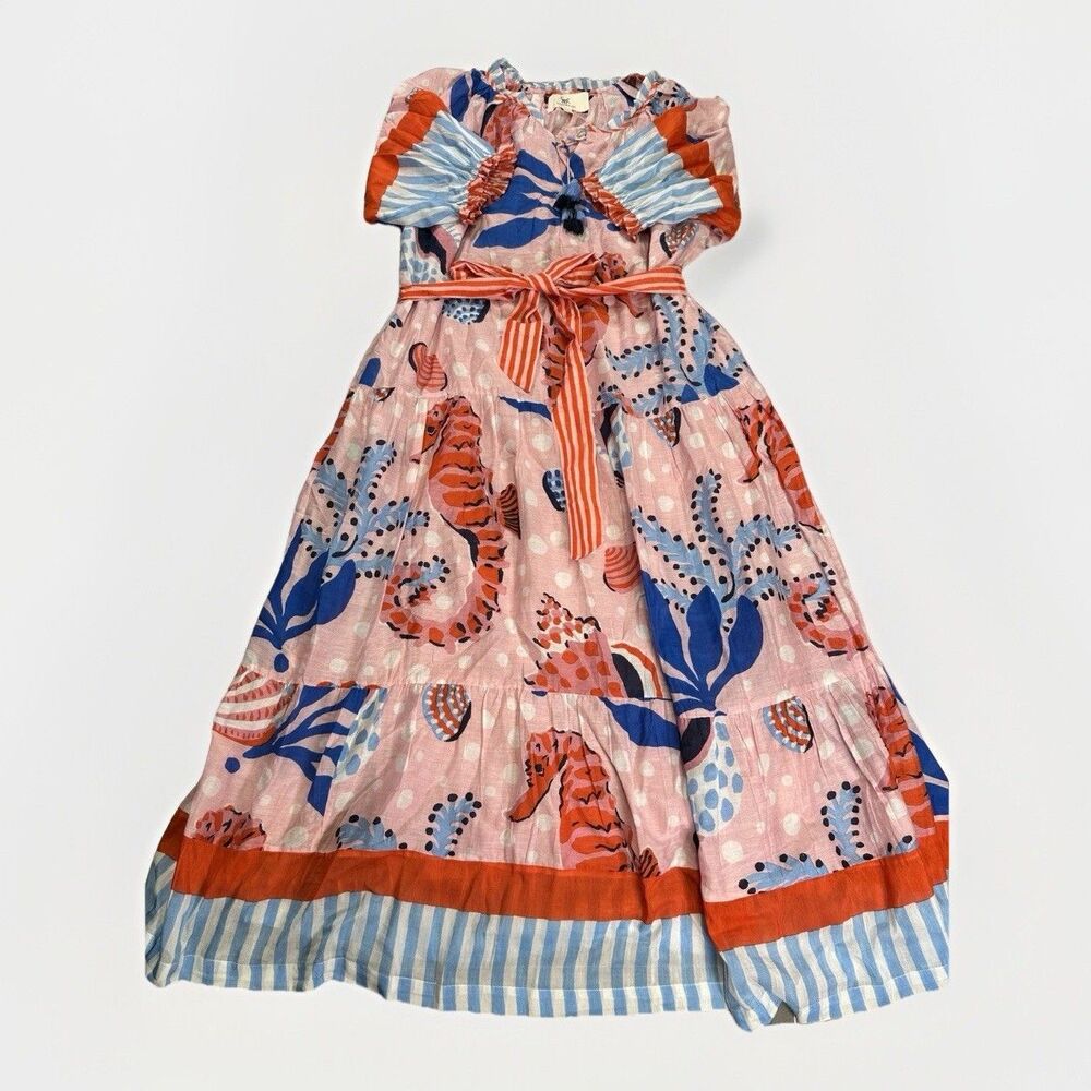 Printfresh Boho Maxi Dress Size Small Pink Sea Print Belted Tassel Peasant Style